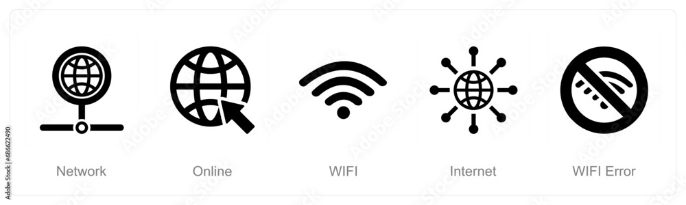 A set of 5 Internet Computer icons as online, wifi, internet, wifi error A set of 5 Internet Computer icons as online, wifi, internet, wifi error
