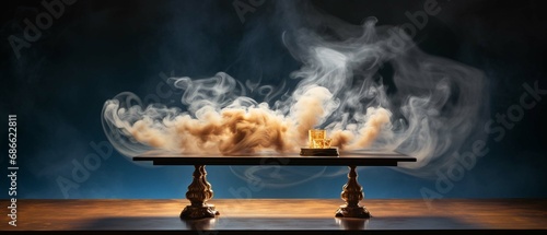 An empty wooden table with smoke floats up on a gold and dark blue lighting background. create using a generative AI tool 