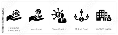 A set of 5 Investment icons as investment, diversification, mutual fund