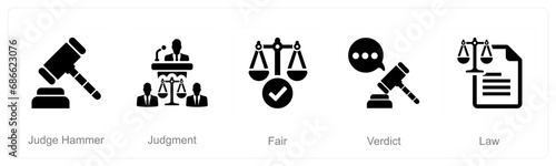 A set of 5 Justice icons as judge hammer, judgement, fair 