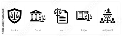 A set of 5 Justice icons as justice, court, law