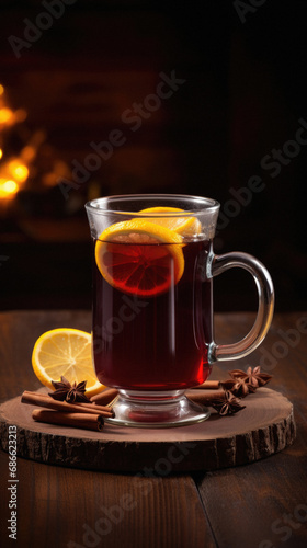 Mulled wine with cinnamon and anise on a wooden background.