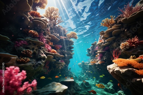 Beautiful coral garden with a diversity of hard and soft corals creating an underwater paradise, Generative AI