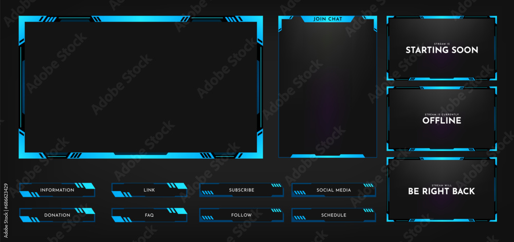 Live stream overlay panel design template. Futuristic digital streaming screen interface. Online game, video streaming frame layout. Vector illustration - obrazy, fototapety, plakaty 