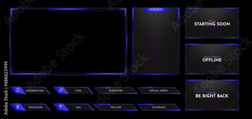 Live stream overlay panel design template. Futuristic digital streaming screen interface. Online game, video streaming frame layout. Vector illustration