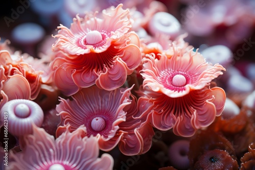 Close-up view of coral polyps opening up to feed, showcasing their intricate details, Generative AI