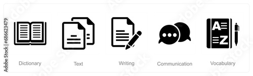 A set of 5 Language icons as dictionary, text, writing