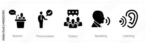 A set of 5 Language icons as speech, pronounciation, dialect