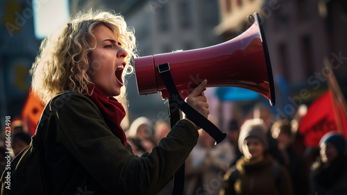 Female activist protesting with megaphone during a demonstration