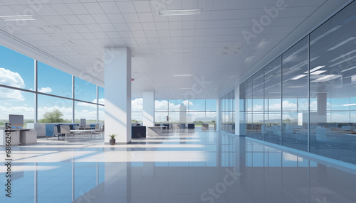 modern office interior with foreground focal points. IT office workspace.