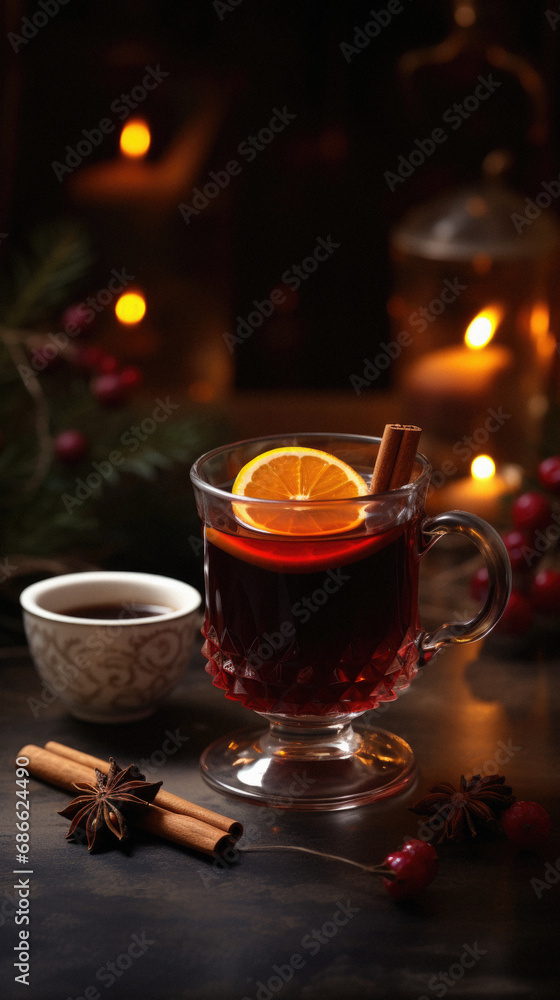 Mulled wine with spices and christmas tree on dark background. Mulled wine with spices and christmas tree on dark background.
