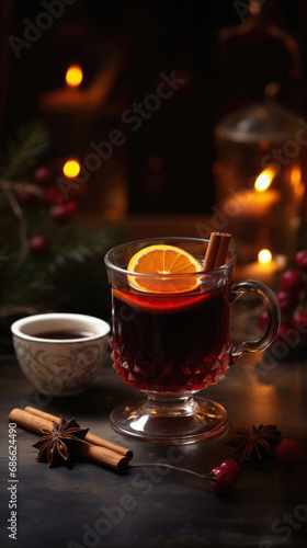 Mulled wine with spices and christmas tree on dark background.