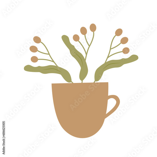 Linden flowers in mug, herbal tea, teacup of relaxing beverage. Vector illustration of medicinal herbs