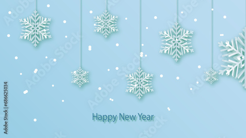 Illustration with paper snowflakes on a blue background and the words Winter