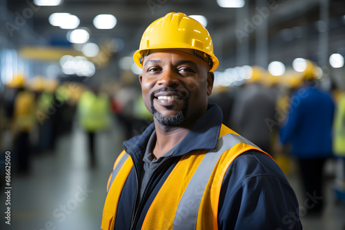 A smiling American factory worker wearing a hard hat and work clothes is standing in the production line in a candid portrait,