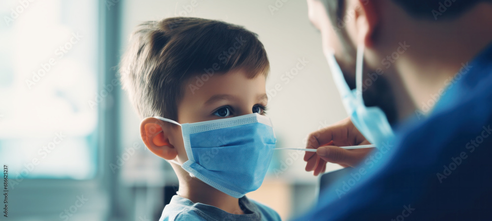 Healthcare and medicine, Family with kids in face mask facemask during outbreak, Human metapneumovirus, hMPV, coronavirus, and flu. Virus illness protection, hand sanitizer in public crowded places - obrazy, fototapety, plakaty 