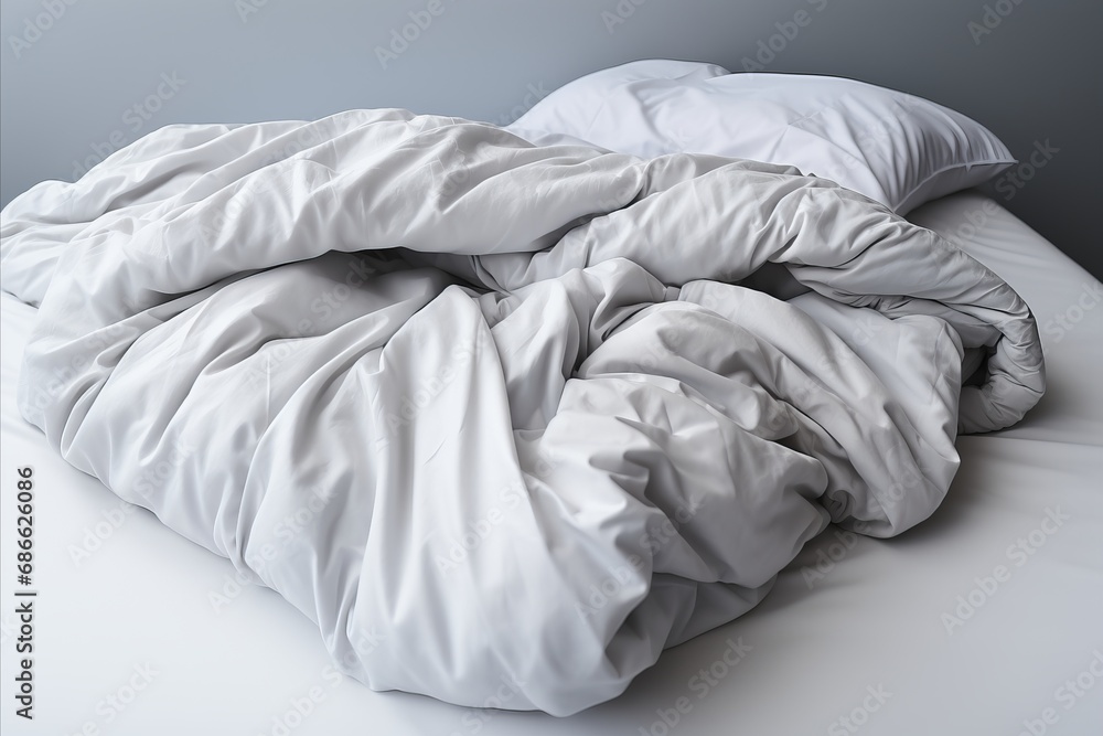 Obraz premium White folded duvet on bed winter season preparation, home textile, household activities