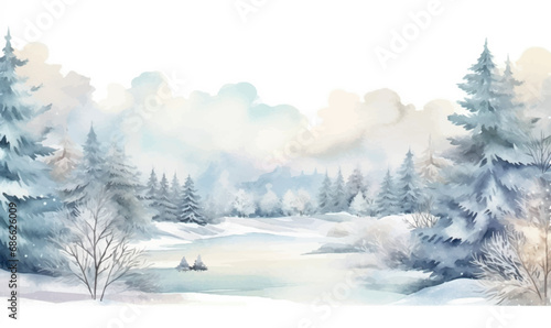 watercolor winter forest landscape with snow