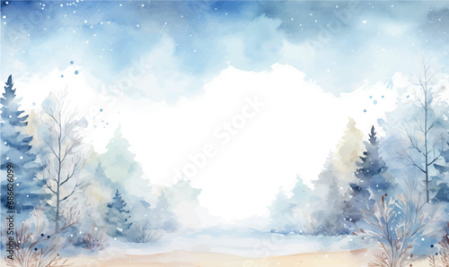 watercolor winter forest landscape with snow, background for desing