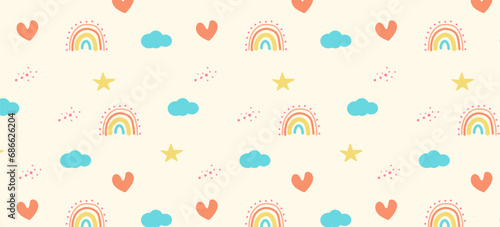 Bohemian cartoon nursery pattern.Seamless boho pattern with cartoon rainbow, clouds and stars.vector print for children's decor. Seamless pattern with cartoon rainbow, sun, planet