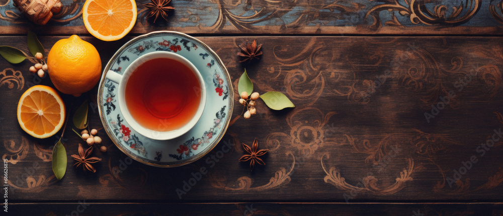 Cup of tea with lemon and spices on a wooden background. Cup of tea with lemon and spices on a wooden background.