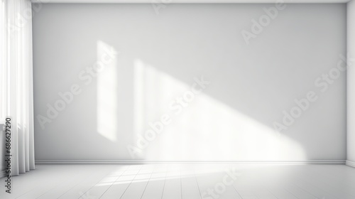 Empty room with white light shadow and floor, white curtains with shadow from window. Room with Wall Background. shadow overlay on white texture background photo