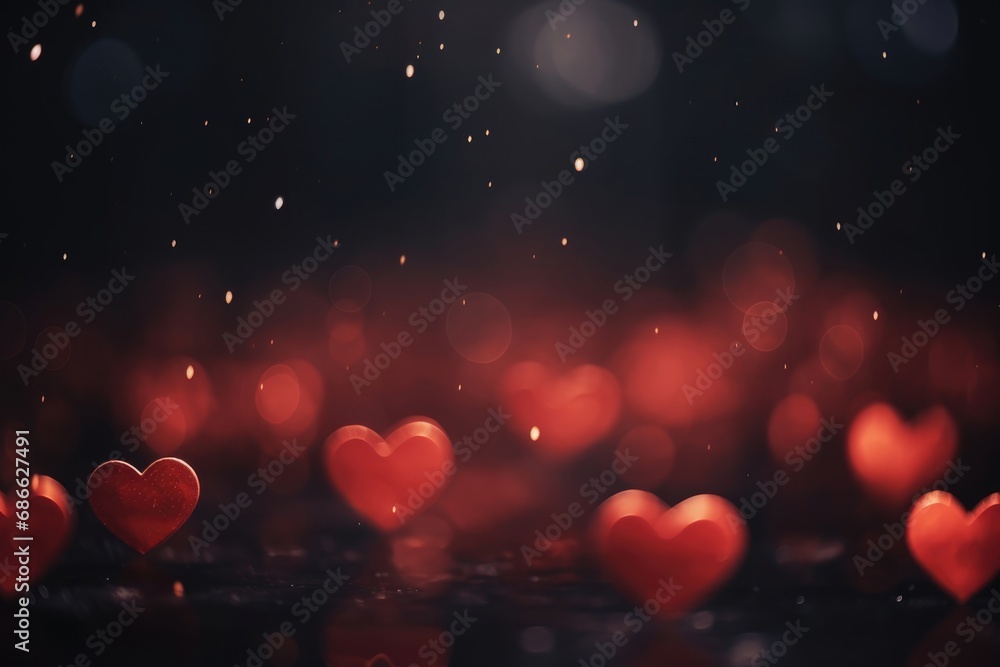 Red hearts on defocused festive dark black bokeh background with copy space Red hearts on defocused festive dark black bokeh background with copy space