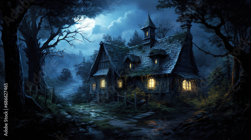 Illustration of a weathered, erie and scary cottage abandoned in the woods.
