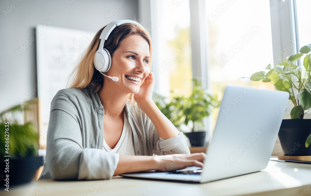 Smiling woman in headphones sitting at desk table working on laptop. Businesswoman listening to online podcast. Smiling woman in headphones sitting at desk table working on laptop. Businesswoman listening to online podcast.
