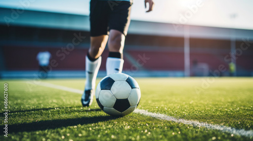 Football World Championship: Soccer Player Runs to Kick the Ball. Ball on the Grass Field of Arena, Full Stadium of Crowd Cheers. International Tournament. Cinematic Shot Captures Victory.