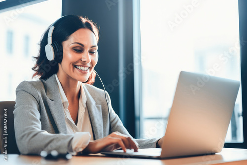 Smiling woman in headphones sitting at desk table working on laptop. Businesswoman listening to online podcast. 