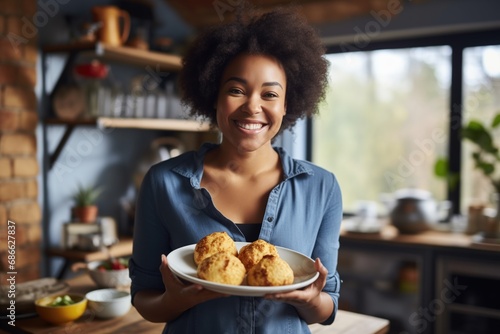 smiling young african woman in kitchen with plate of baked .