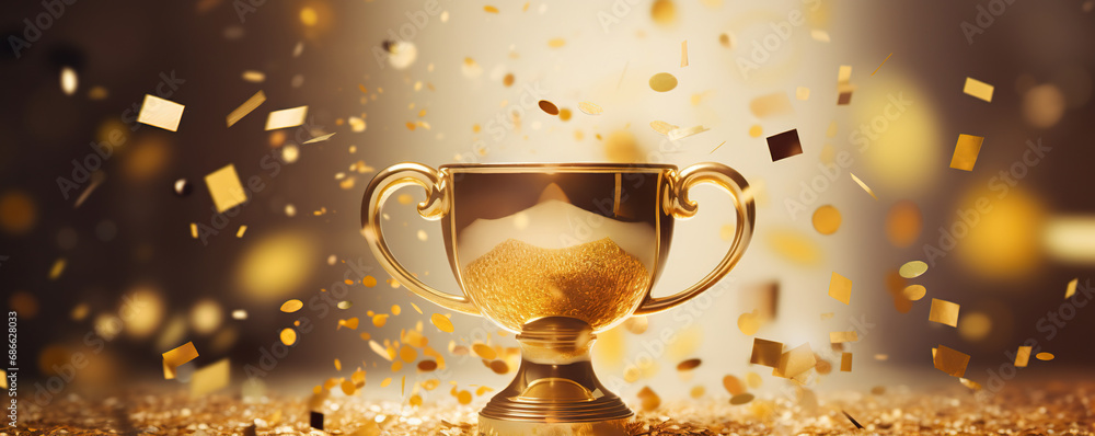 Golden trophy cup with flying confetti Golden trophy cup with flying confetti