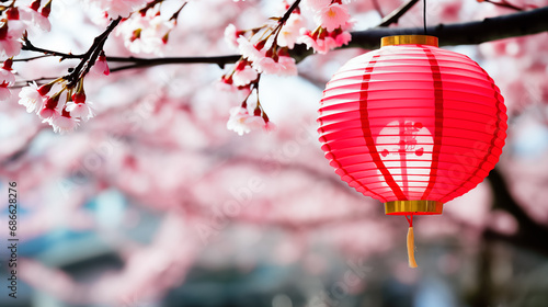 Sakura cherry blossom and red paper lantern with copy space photo