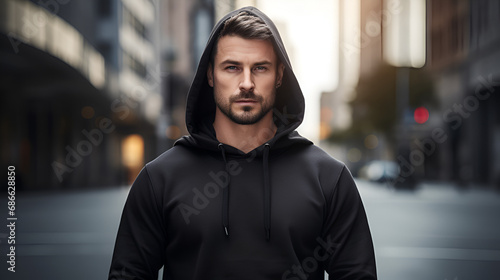 Attractive sporty man dressed in a blank black hoodie with hood and kangaroo pocket against the background of the city street