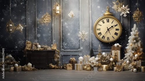 Christmas, New Year is comming. Great visual for backdrop, background, template, banner, greeting card or intrior design. For photo shooting. Clock, presents, decorations.