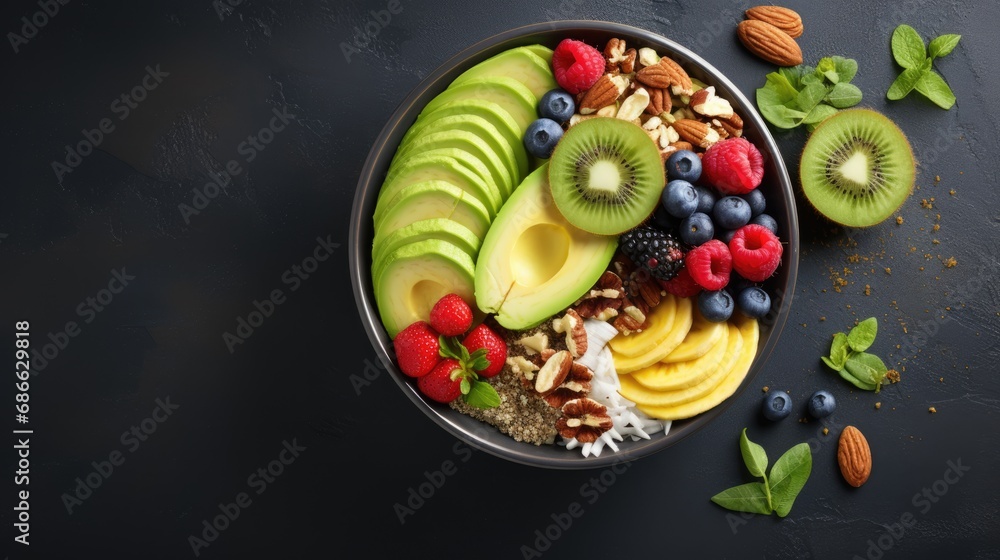 Fresh and colorful bowl of fruits, berries and seeds. Healthy food concept background with free place for text Fresh and colorful bowl of fruits, berries and seeds. Healthy food concept background with free place for text