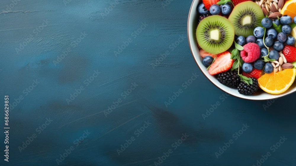 Fresh and colorful bowl of fruits, berries and seeds. Healthy food concept background with free place for text