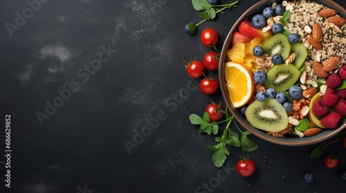 Fresh and colorful bowl of fruits, berries and seeds. Healthy food concept background with free place for text