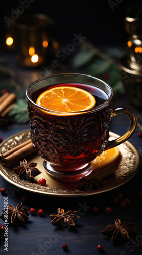 Cup of hot mulled wine with spices on dark wooden background.