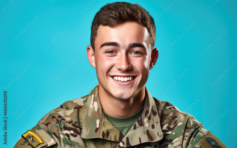 Happy smiling soldier with camouflage in the color background