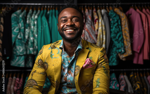 happy smiling Salesperson with color clothing in the clothing store