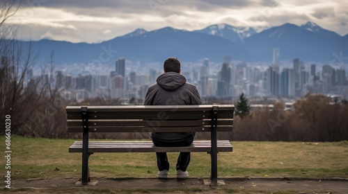 Lonely man sitting in park on bench