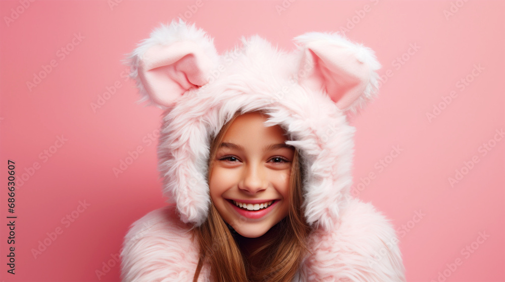 Naklejka premium Girl wearing bunnyears headband on isolated pink background - ai generative
