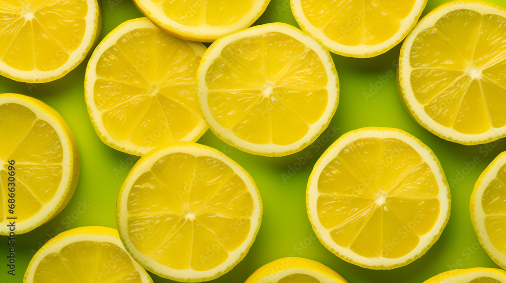 Slices of fresh juicy yellow lemons. Lime fruit cut texture