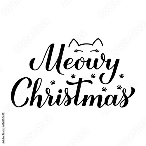 Meowy Christmas calligraphy hand lettering. Funny Christmas quote. Pets pun. Vector template for typography poster, banner, greeting card, sticker, etc. photo