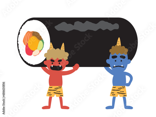 恵方巻きを担ぐ赤鬼と青鬼のイラスト
