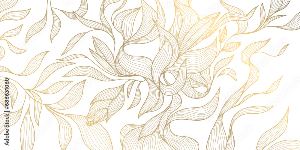 Vector art deco flower pattern background, gold line art, nature floral illustration. Hand drawn wavy plants for packaging, cover, banner, creative post and wall arts. Japanese style. - obrazy, fototapety, plakaty 