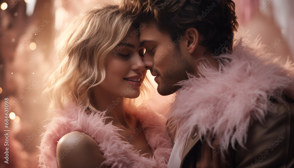 Love Couple, Boyfriend and Girlfriend Holds Together, About to Kiss. Romantic Scene in Pink Feathers in Pink and Silver Tones.