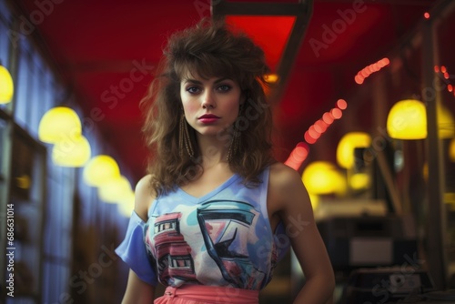 woman in eighties style, indoor party photo